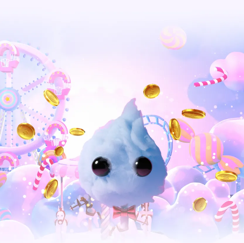 Sugar Casino's candy floss mascot, a pale blue cotton candy character with large glossy black eyes and a pink bow tie