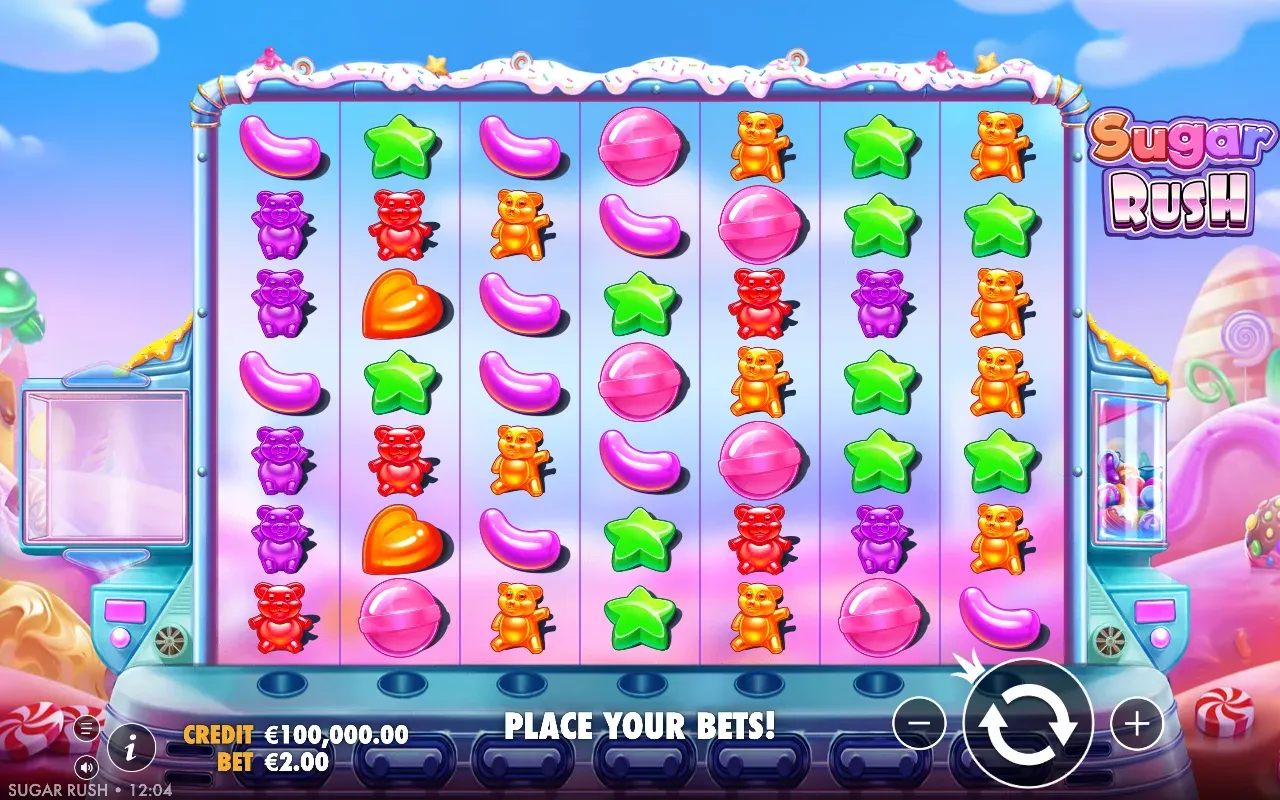 The Sugar Rush game board in play, a seven by seven grid of candy symbols above a bet bar reading place your bets