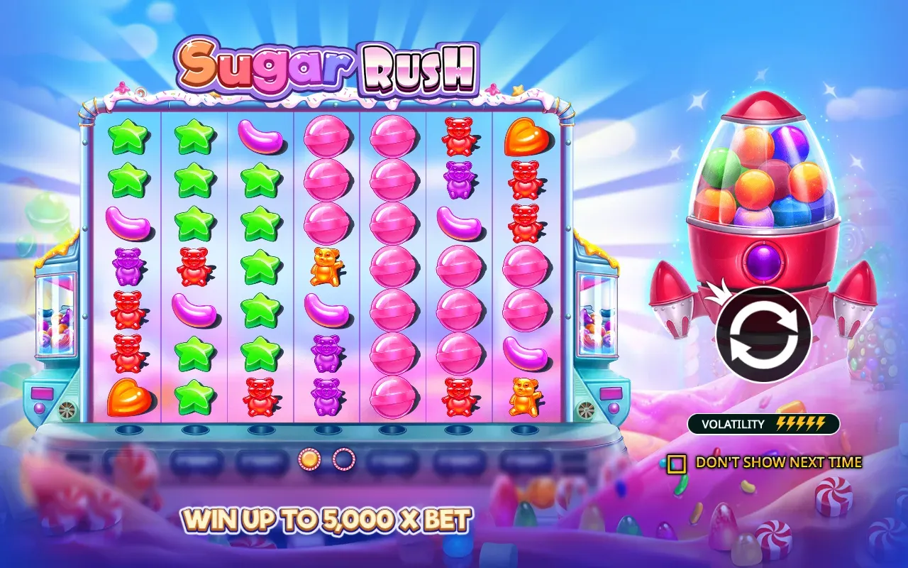 The Sugar Rush loading screen, showing its seven by seven grid of gummy bears, jelly beans and lollipops, with the volatility rating and the maximum win printed across the bottom